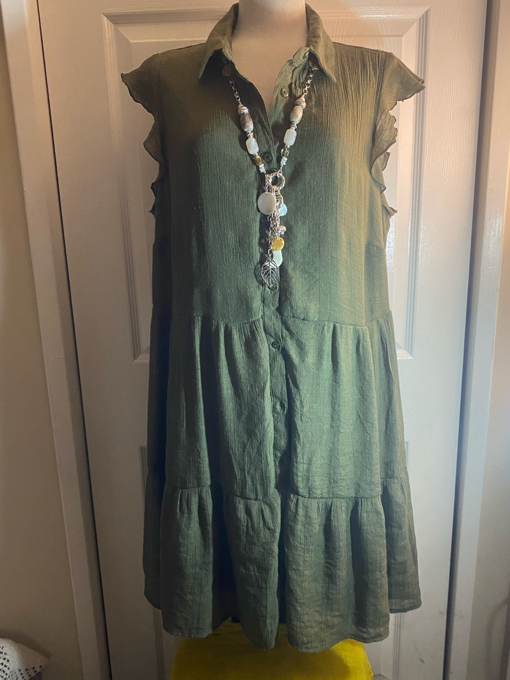 Sleeveless Olive Green Tiered Button-Front Dress